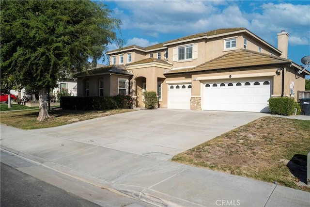 5840 Redhaven St, Eastvale, CA 92880 - view of front of property featuring stucco siding, driveway, an attached garage, a chimney, and a tiled roof