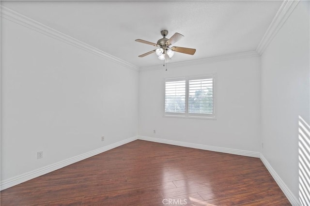 5840 Redhaven St, Eastvale, CA 92880 - unfurnished room featuring dark wood-type flooring, a ceiling fan, baseboards, and crown molding