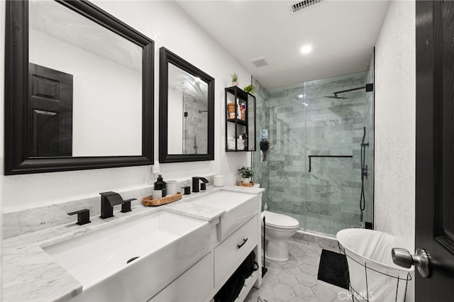 1138 Millstream Ln, Corona, CA 92878 - full bathroom with toilet, vanity, a marble finish shower, tile patterned floors, and recessed lighting