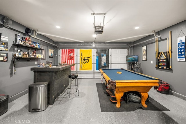 1138 Millstream Ln, Corona, CA 92878 - game room featuring a garage, a bar, recessed lighting, baseboards, and billiards