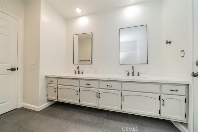 25810 San Felipe Dr, Hemet, CA 92544 - bathroom with double vanity, tile patterned flooring, and baseboards