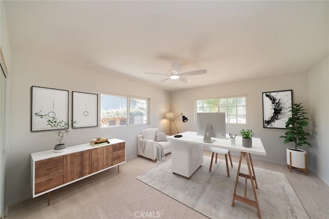 25810 San Felipe Dr, Hemet, CA 92544 - home office with light colored carpet, a ceiling fan, and baseboards