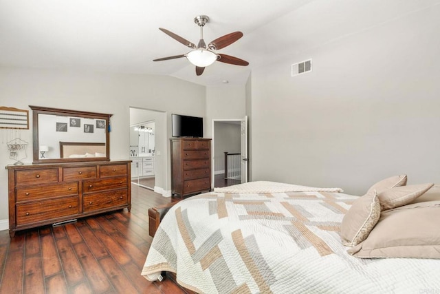 8550 Alexandria St, Riverside, CA 92508 - bedroom featuring dark wood-style flooring, lofted ceiling, baseboards, a ceiling fan, and ensuite bath