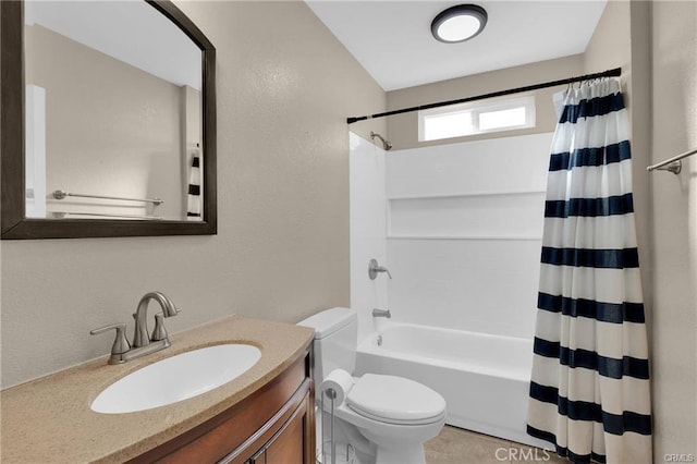 19055 Seaforth St, Hesperia, CA 92345 - bathroom featuring toilet, shower / bath combination with curtain, vanity, and a textured wall