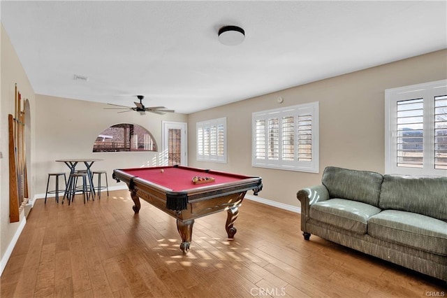 19055 Seaforth St, Hesperia, CA 92345 - recreation room with baseboards, hardwood / wood-style floors, pool table, and a ceiling fan