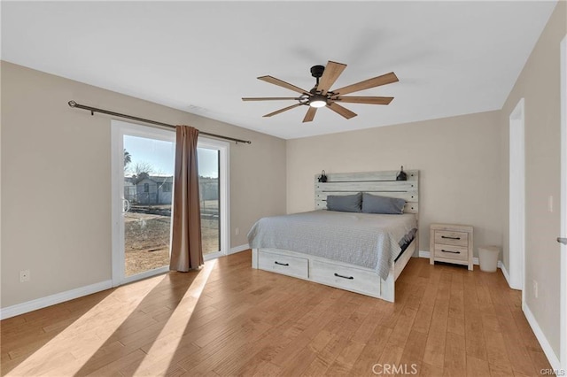 19055 Seaforth St, Hesperia, CA 92345 - bedroom with light wood-style floors, access to outside, baseboards, and a ceiling fan