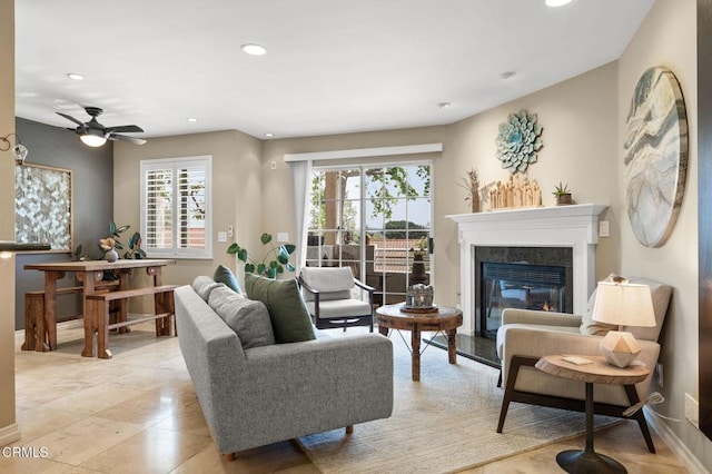 2623 Antonio Dr Unit 104, Camarillo, CA 93010 - living area featuring recessed lighting, healthy amount of natural light, a fireplace, baseboards, and ceiling fan
