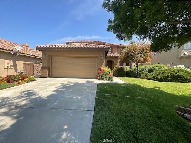 31728 Pompei Ln, Winchester, CA 92596 - mediterranean / spanish home with stucco siding, a tiled roof, an attached garage, a front yard, and driveway