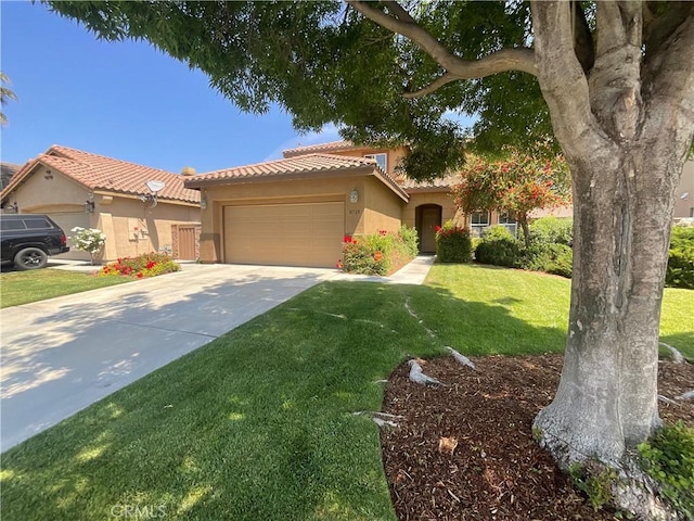 31728 Pompei Ln, Winchester, CA 92596 - mediterranean / spanish-style house with stucco siding, a tile roof, an attached garage, driveway, and a front yard