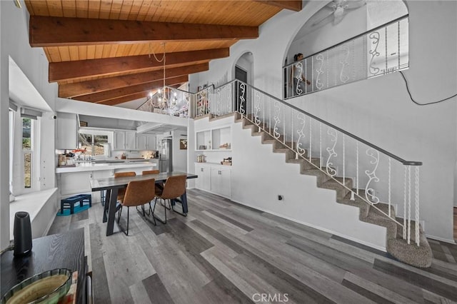 40901 Gibbel Rd, Hemet, CA 92544 - dining room with wood ceiling with exposed beams, a chandelier, high vaulted ceiling, stairway, and wood finished floors