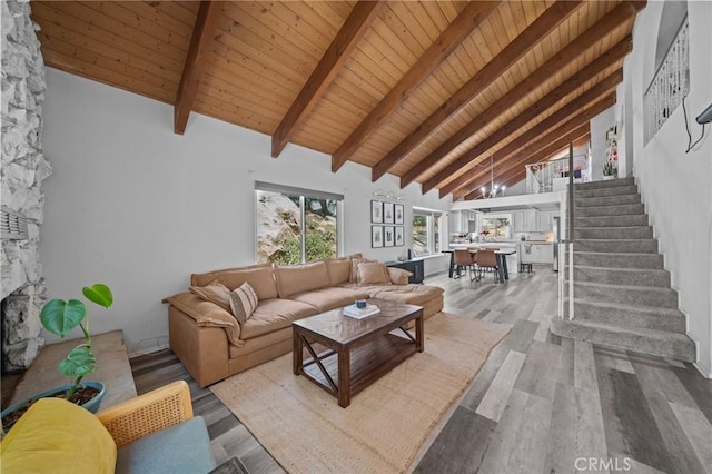 40901 Gibbel Rd, Hemet, CA 92544 - living area with a stone fireplace, wood finished floors, wood ceiling with exposed beams, high vaulted ceiling, and stairway