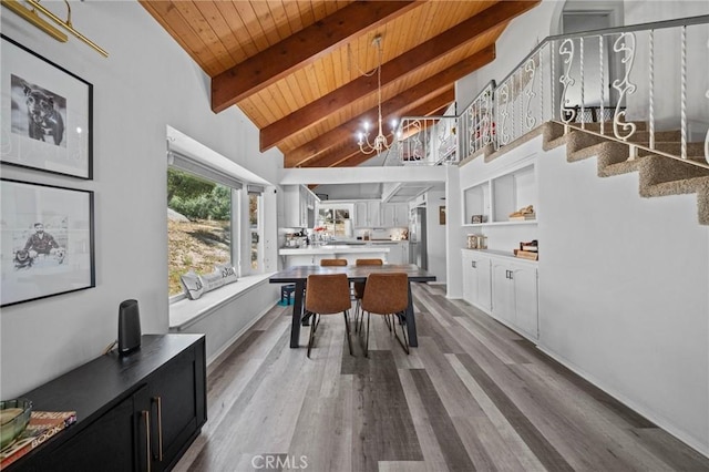 40901 Gibbel Rd, Hemet, CA 92544 - dining area featuring wooden ceiling with exposed beams, a chandelier, wood finished floors, and high vaulted ceiling