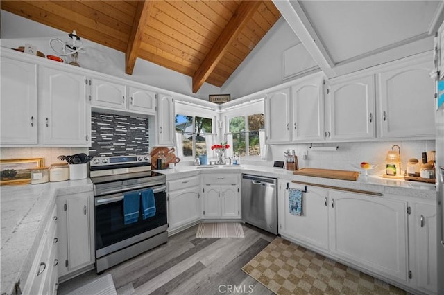 40901 Gibbel Rd, Hemet, CA 92544 - kitchen with appliances with stainless steel finishes, white cabinets, wood ceiling, light wood-type flooring, and backsplash