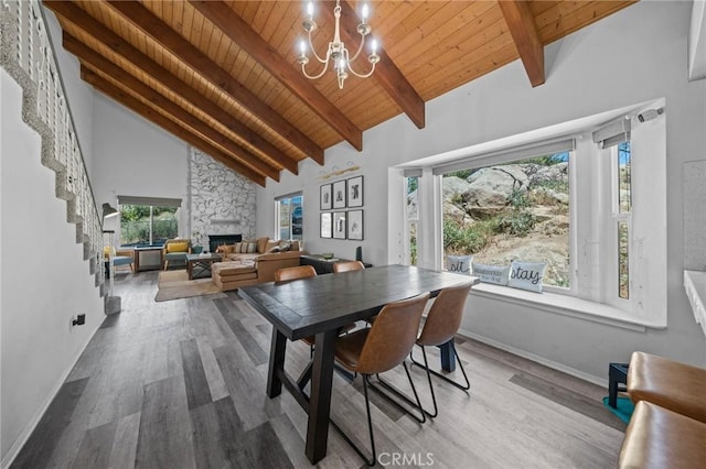 40901 Gibbel Rd, Hemet, CA 92544 - dining area with wooden ceiling with exposed beams, a fireplace, plenty of natural light, wood finished floors, and baseboards