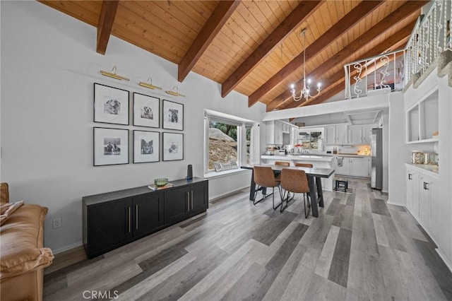 40901 Gibbel Rd, Hemet, CA 92544 - kitchen with wood ceiling with exposed beams, freestanding refrigerator, a chandelier, light countertops, and white cabinets