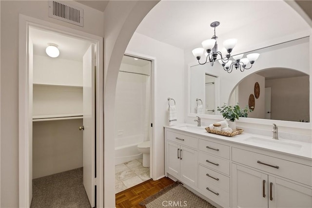 20310 Anza Ave Unit O, Torrance, CA 90503 - full bathroom with double vanity, toilet, a chandelier, and  shower combination