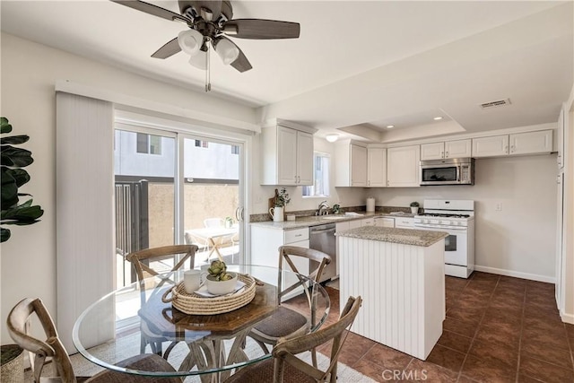 20310 Anza Ave Unit O, Torrance, CA 90503 - kitchen with stainless steel appliances, a kitchen island, a tray ceiling, a sink, and white cabinetry
