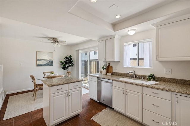 20310 Anza Ave Unit O, Torrance, CA 90503 - kitchen with stainless steel dishwasher, a sink, a center island, white cabinets, and dark tile patterned flooring