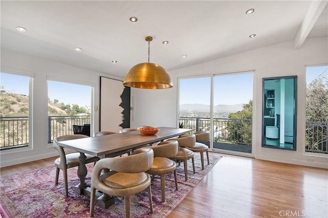 3721 Glenridge Dr, Sherman Oaks, CA 91423 - dining space with vaulted ceiling, light wood-type flooring, a mountain view, recessed lighting, and baseboards