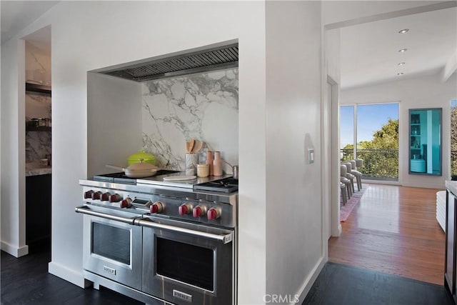 3721 Glenridge Dr, Sherman Oaks, CA 91423 - kitchen featuring range with two ovens, backsplash, wood finished floors, premium range hood, and baseboards