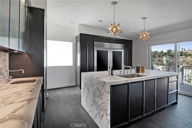 3721 Glenridge Dr, Sherman Oaks, CA 91423 - kitchen with dark cabinetry, a sink, dark wood finished floors, lofted ceiling, and recessed lighting