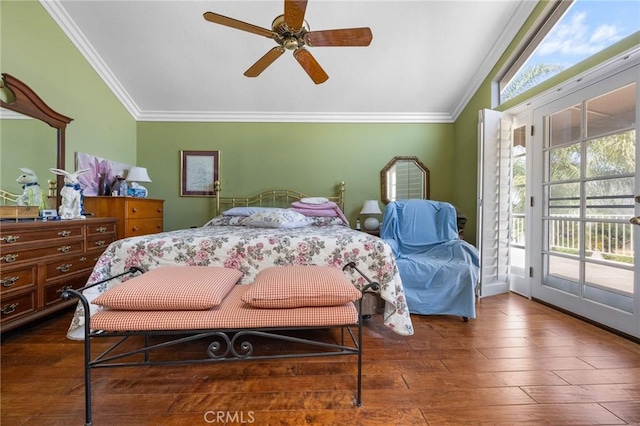 10750 Orchard View Ln, Riverside, CA 92503 - bedroom featuring access to exterior, ornamental molding, multiple windows, wood-type flooring, and lofted ceiling
