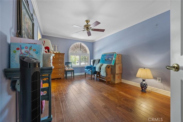 10750 Orchard View Ln, Riverside, CA 92503 - sitting room featuring ceiling fan, baseboards, crown molding, and wood finished floors