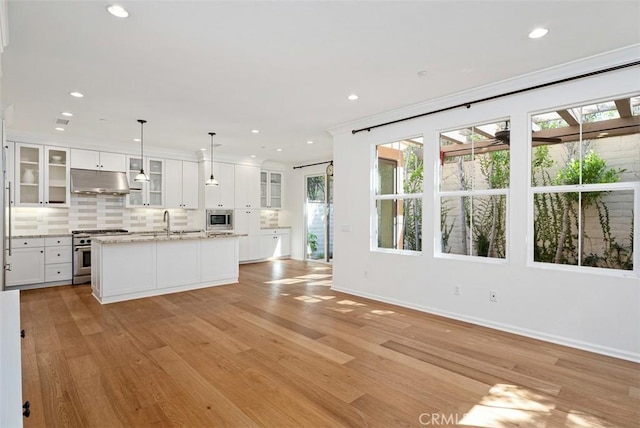 104 Working, Irvine, CA 92602 - kitchen with appliances with stainless steel finishes, light wood-style flooring, under cabinet range hood, white cabinets, and recessed lighting