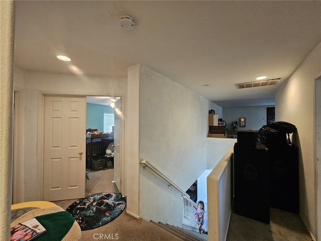 12912 Newport St, Hesperia, CA 92344 - hall featuring an upstairs landing, carpet flooring, and recessed lighting