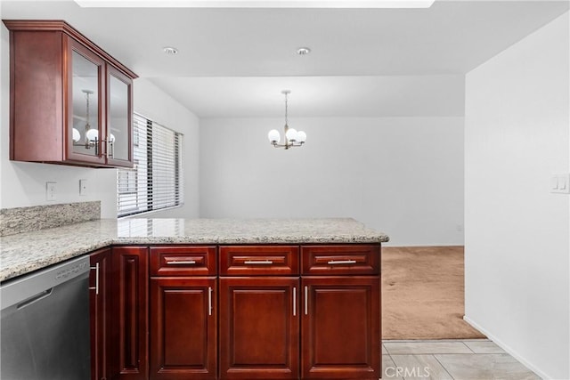 17117 S Vermont Ave Unit 132, Gardena, CA 90247 - kitchen featuring stainless steel dishwasher, dark brown cabinets, a peninsula, light carpet, and a chandelier