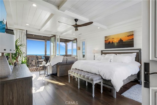 101 Via Almodovar, San Clemente, CA 92672 - bedroom with hardwood / wood-style flooring, beam ceiling, ceiling fan, and recessed lighting