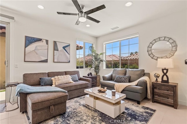 80281 Redstone Way, La Quinta, CA 92253 - living area featuring a ceiling fan, light tile patterned floors, recessed lighting, and baseboards