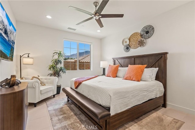 80281 Redstone Way, La Quinta, CA 92253 - bedroom with light tile patterned floors, recessed lighting, ceiling fan, and baseboards