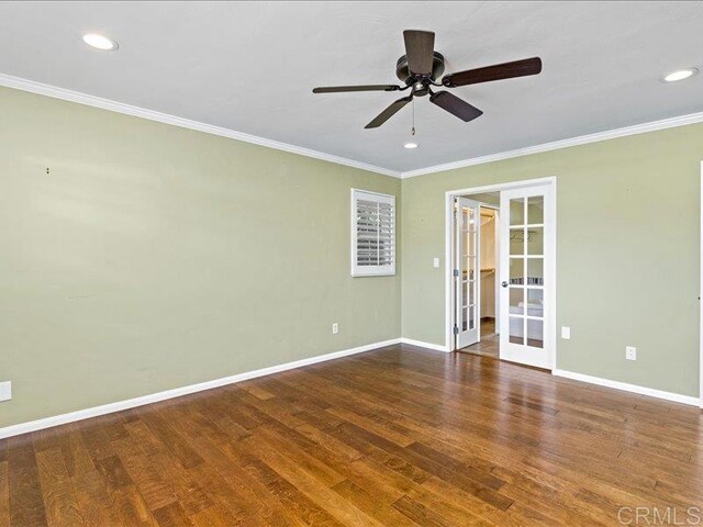1051 La Reina, San Marcos, CA 92078 - empty room featuring french doors, a ceiling fan, baseboards, crown molding, and wood finished floors