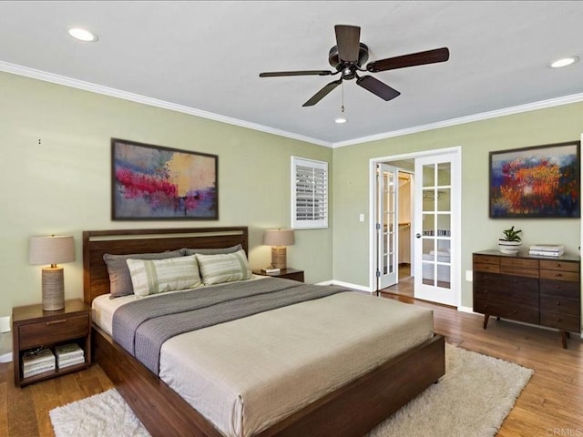 1051 La Reina, San Marcos, CA 92078 - bedroom with french doors, baseboards, crown molding, wood finished floors, and recessed lighting