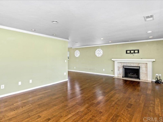 1051 La Reina, San Marcos, CA 92078 - unfurnished living room with ornamental molding, a high end fireplace, wood finished floors, recessed lighting, and baseboards