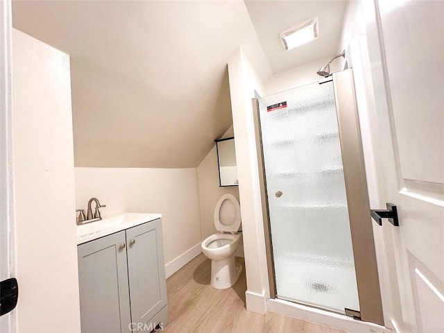 1051 W 18th St, Los Angeles, CA 90015 - bathroom with a shower stall, toilet, wood finished floors, lofted ceiling, and vanity
