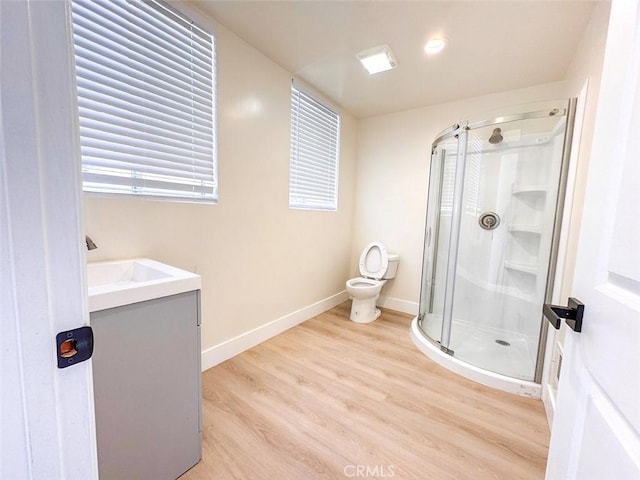 1051 W 18th St, Los Angeles, CA 90015 - bathroom featuring a shower stall, vanity, toilet, wood finished floors, and baseboards