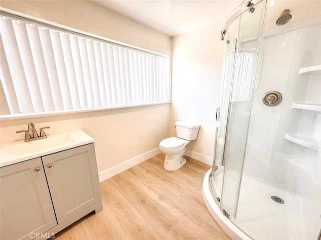 1051 W 18th St, Los Angeles, CA 90015 - bathroom featuring a shower stall, vanity, toilet, wood finished floors, and baseboards