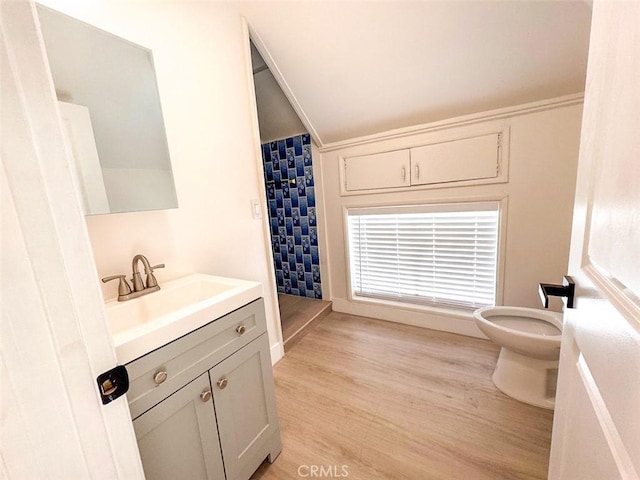 1051 W 18th St, Los Angeles, CA 90015 - bathroom with toilet, vanity, vaulted ceiling, wood finished floors, and a shower with curtain