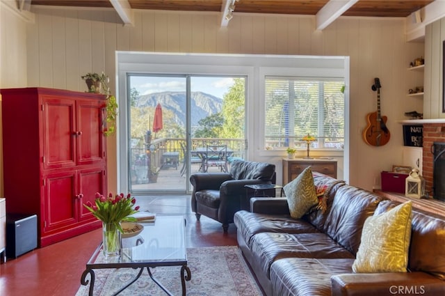 7235 Estepa Dr, Tujunga, CA 91042 - living area with wooden ceiling with exposed beams, a mountain view, and wood walls