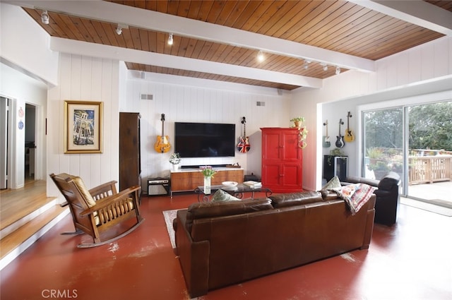 7235 Estepa Dr, Tujunga, CA 91042 - living room with wood ceiling with exposed beams, track lighting, and wooden walls