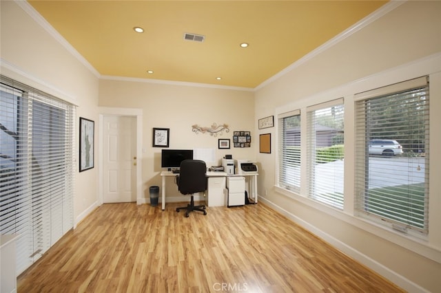 7235 Estepa Dr, Tujunga, CA 91042 - office space featuring baseboards, ornamental molding, light wood-style flooring, and recessed lighting