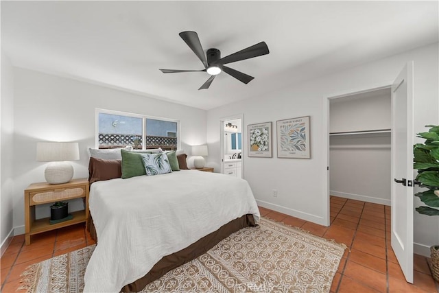 1848 Lave Ave, Long Beach, CA 90815 - tiled bedroom with a ceiling fan, a walk in closet, baseboards, ensuite bath, and a closet