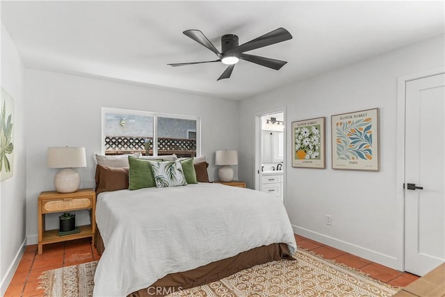 1848 Lave Ave, Long Beach, CA 90815 - bedroom featuring light tile patterned floors, baseboards, ensuite bath, and a ceiling fan