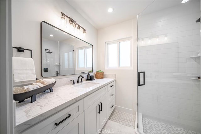 1848 Lave Ave, Long Beach, CA 90815 - full bathroom featuring a stall shower, vanity, baseboards, recessed lighting, and tile patterned floors