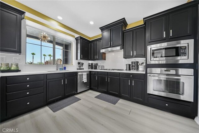 43228 Bacino Ct, Indio, CA 92203 - kitchen with appliances with stainless steel finishes, a sink, dark cabinets, light wood-type flooring, and light countertops