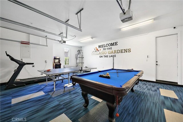 43228 Bacino Ct, Indio, CA 92203 - playroom with a garage, carpet flooring, billiards, and electric panel