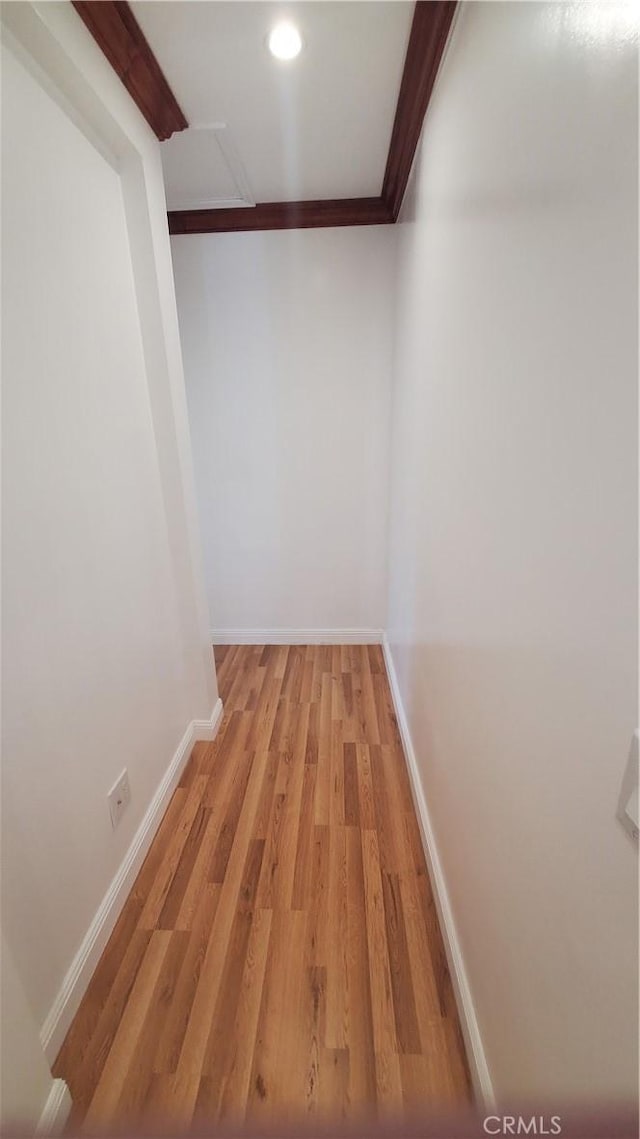 1330 W 48th St, Los Angeles, CA 90037 - hall with light wood-type flooring, baseboards, recessed lighting, and crown molding