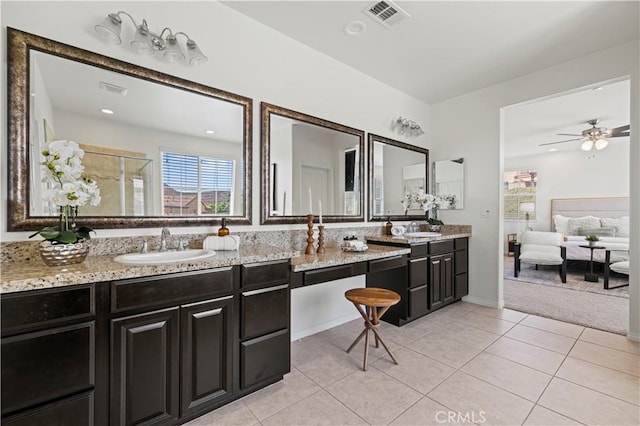 29015 Ridgecrest Ct, Valencia, CA 91354 - bathroom with double vanity, tile patterned floors, a stall shower, ensuite bath, and ceiling fan